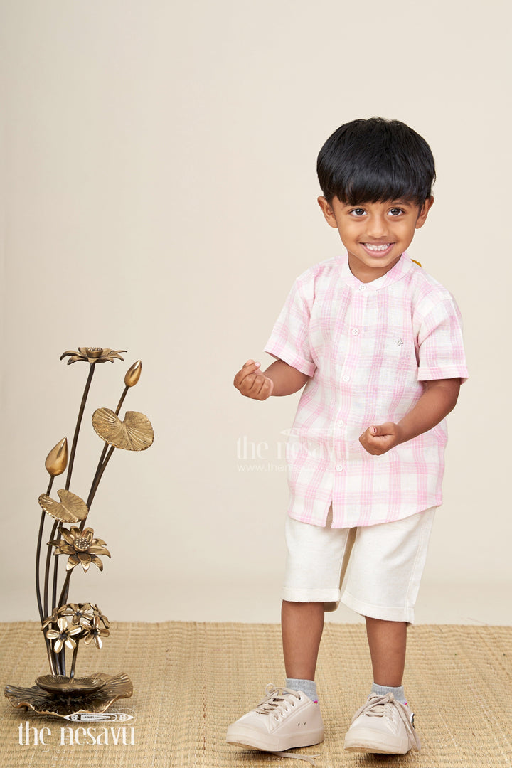 The Nesavu Boys Casual Set Boys cotton casual set with pink checks for everyday and play Nesavu Nesavu boys cotton checked shirt shorts set pink  ideal summer outings