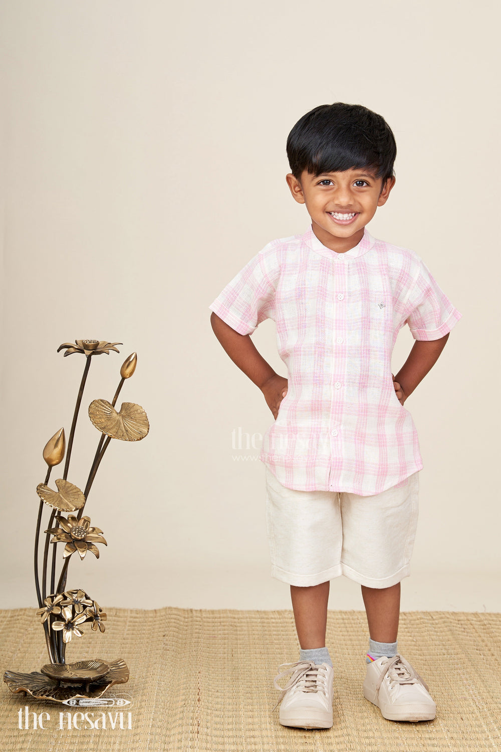 The Nesavu Boys Casual Set Boys cotton casual set with pink checks for everyday and play Nesavu Nesavu boys cotton checked shirt shorts set pink  ideal summer outings