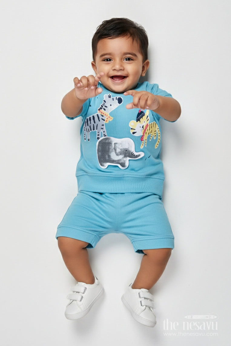The Nesavu Boys Casual Set Boys Cotton Casual Wear Set for Summer Playdates and Comfort Nesavu 12 (3M) / Blue BCS520B-12 Nesavu boys printed cotton casual set shorts summer comfort daily adventures