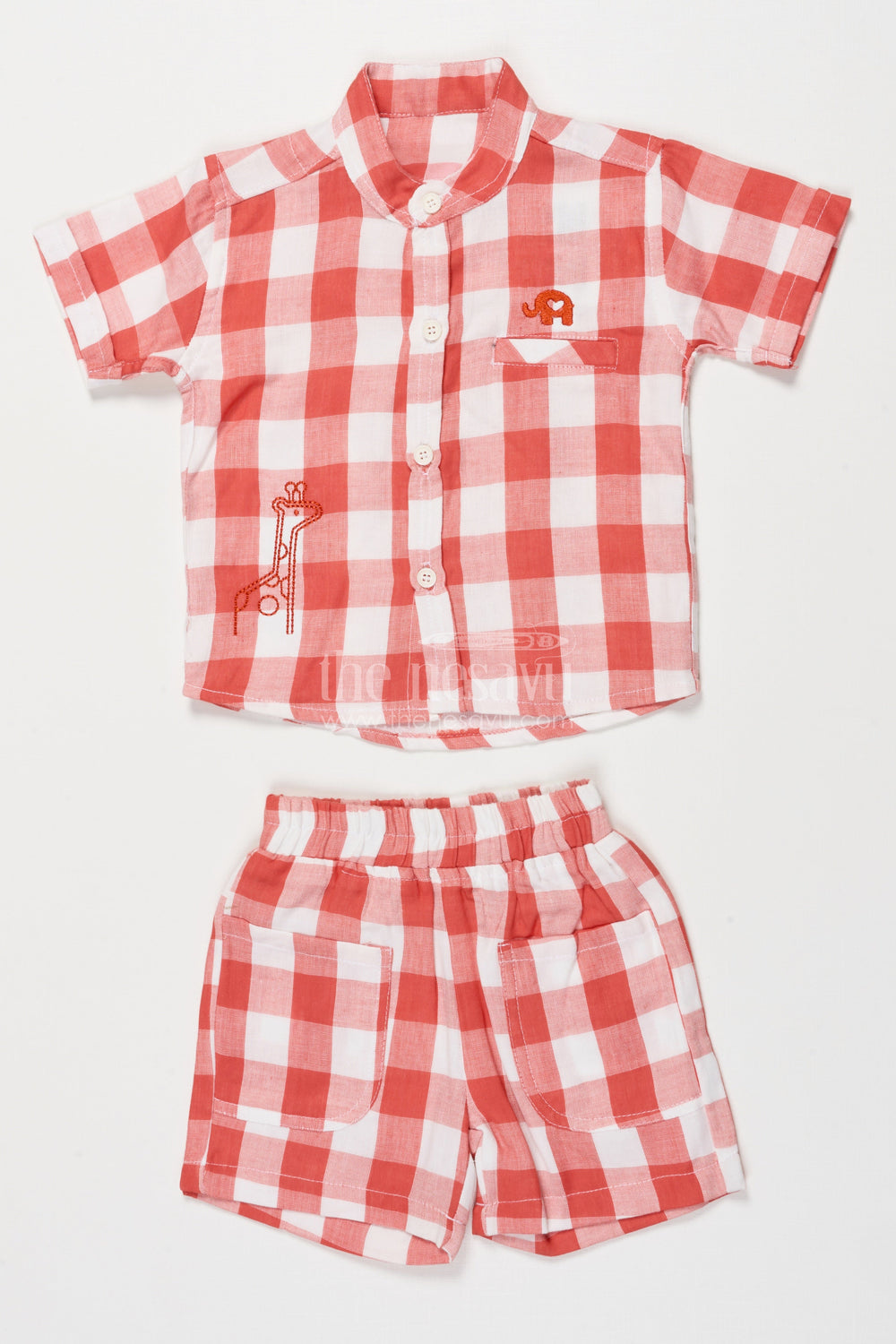 The Nesavu Boys Casual Set Boys Cotton Co-ord Set for Park Days and Casual Outings Nesavu 12 (3M) / Red BCS541A-12 Nesavu boys cotton check shirt shorts set park outings family casuals
