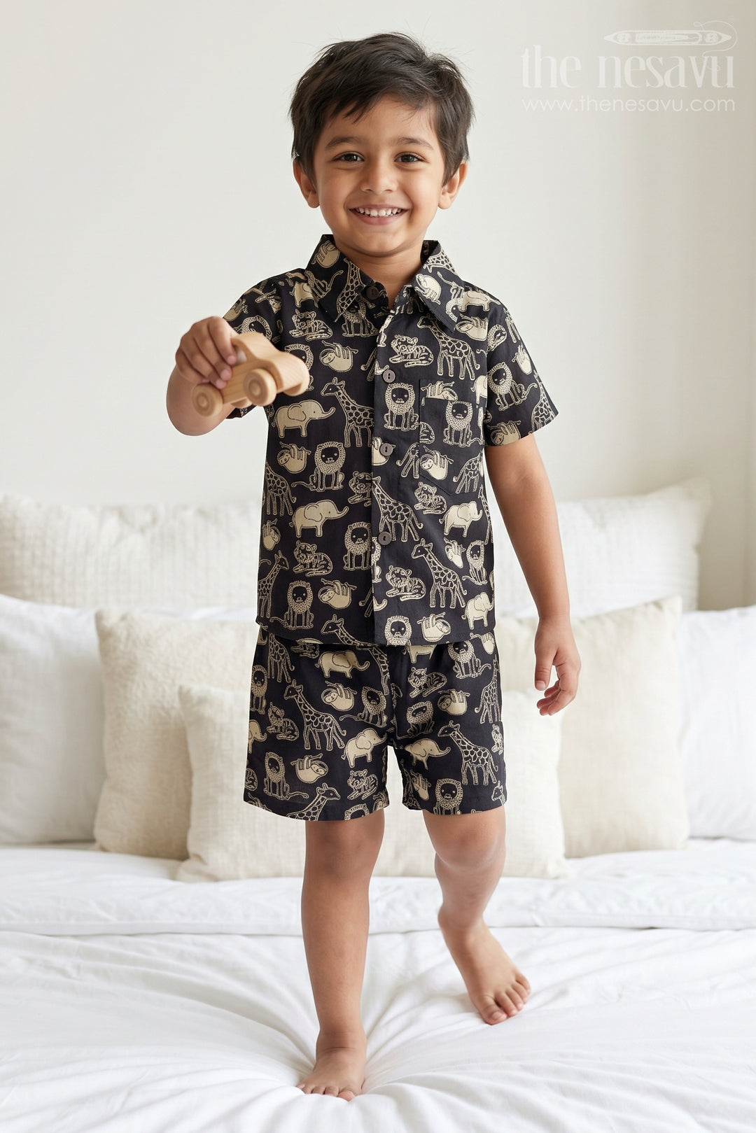 The Nesavu Boys Casual Set Boys Cotton Co Ord Set for Playtime and Summer Outings Nesavu 16 (1Y) / Maroon / Cotton BCS605A-16 Nesavu Boys Cotton Co Ord Set For Playtime With Animal Print Shirt And Shorts Summer Outfit