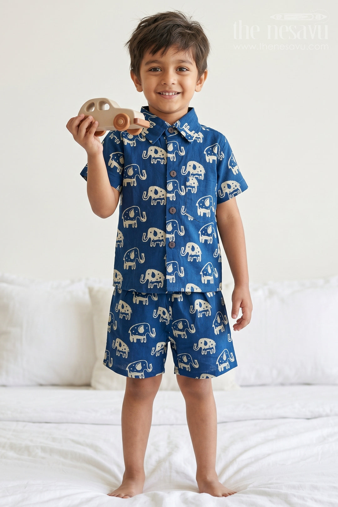 The Nesavu Boys Casual Set Boys Cotton Co Ord Set for Summer Playtime and Outings Nesavu 16 (1Y) / Blue / Cotton BCS606A-16 Nesavu Boys Cotton Co Ord Set For Summer Playtime With Elephant Print Shirt And Shorts Outfit
