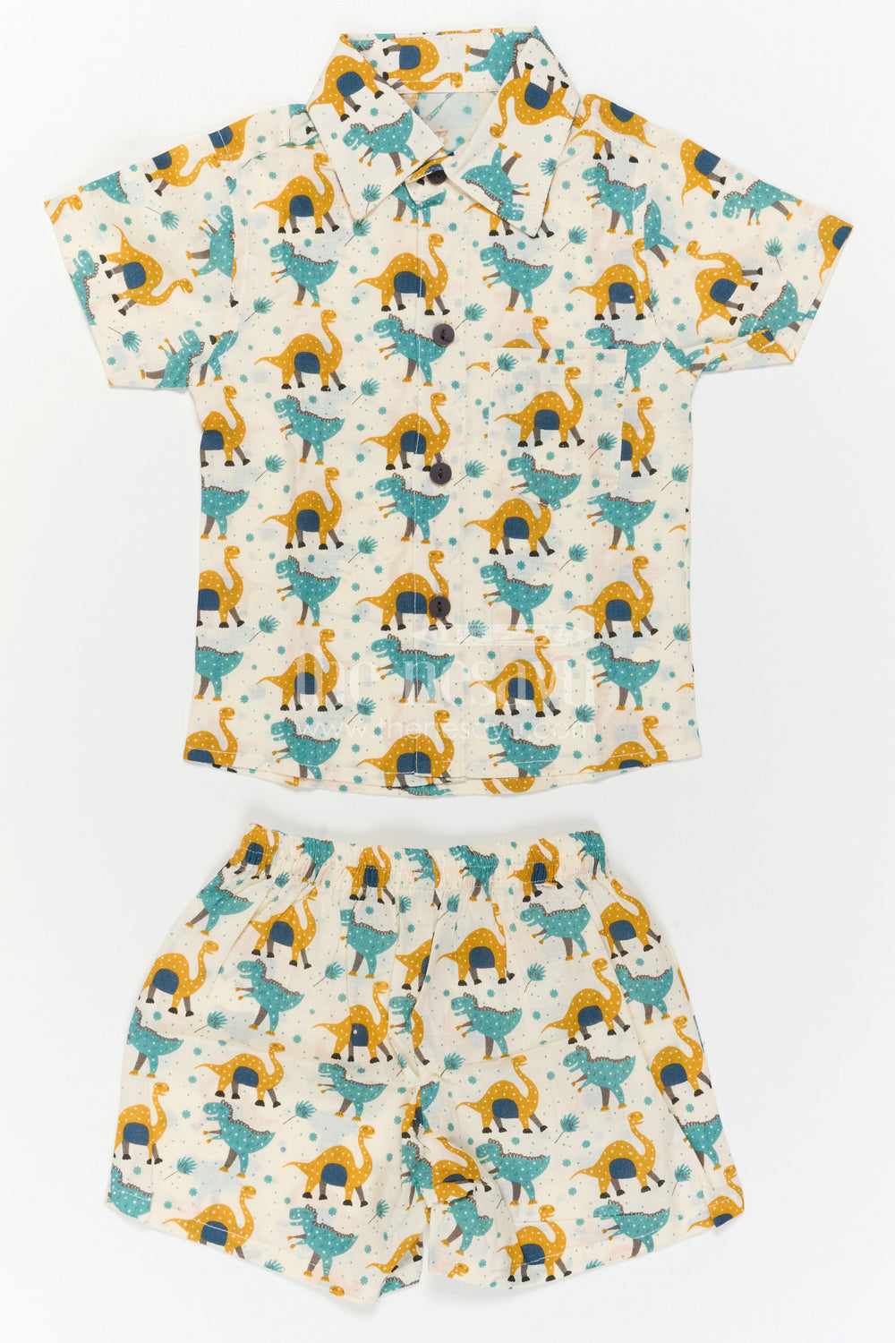 The Nesavu Boys Casual Set Boys Cotton Co Ord Set for Vacation and Summer Styling Nesavu Nesavu Boys Cotton Co Ord Set For Vacation With Dinosaur Print Shirt And Shorts Summer Outfit