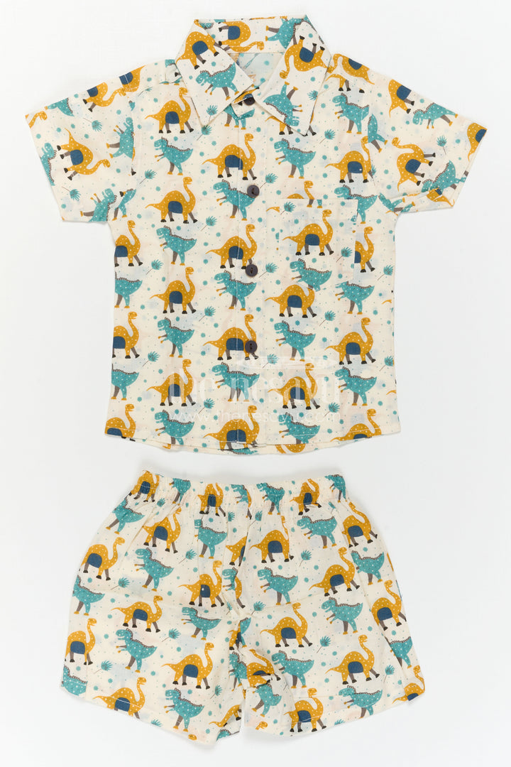 The Nesavu Boys Casual Set Boys Cotton Co Ord Set for Vacation and Summer Styling Nesavu Nesavu Boys Cotton Co Ord Set For Vacation With Dinosaur Print Shirt And Shorts Summer Outfit