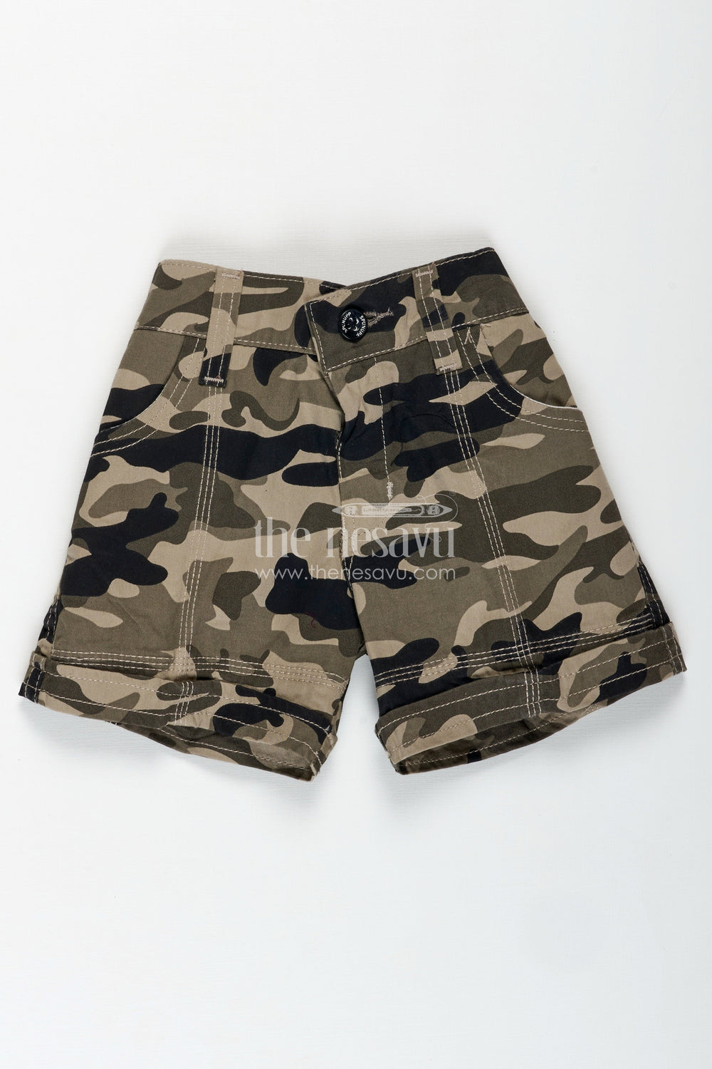The Nesavu Boys Shorts Boys Cotton Cream Camouflage Shorts with Belt Loops and Twin Pockets in Cream Shorts Style Nesavu 16 (1Y) / Green BWS006F-16 Nesavu Boys Cream Camo Print Shorts Belt Loops Pockets Cotton Adventure Style