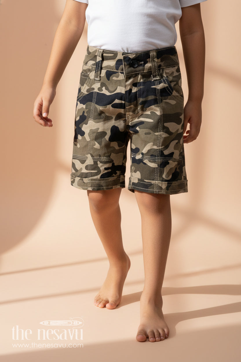 The Nesavu Boys Shorts Boys Cotton Cream Camouflage Shorts with Belt Loops and Twin Pockets in Cream Shorts Style Nesavu 16 (1Y) / Green BWS006F-16 Nesavu Boys Cream Camo Print Shorts Belt Loops Pockets Cotton Adventure Style