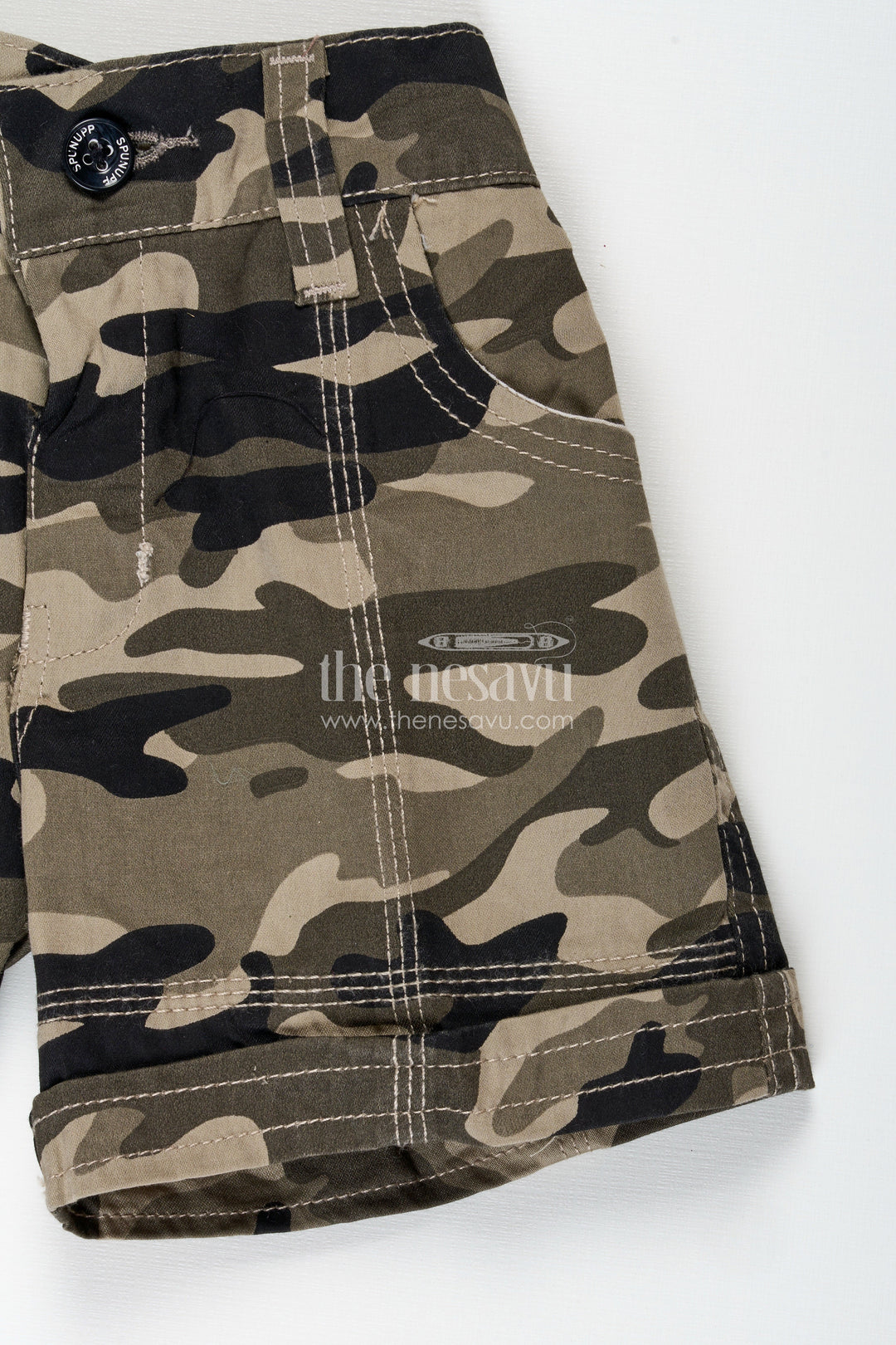 The Nesavu Boys Shorts Boys Cotton Cream Camouflage Shorts with Belt Loops and Twin Pockets in Cream Shorts Style Nesavu Nesavu Boys Cream Camo Print Shorts Belt Loops Pockets Cotton Adventure Style