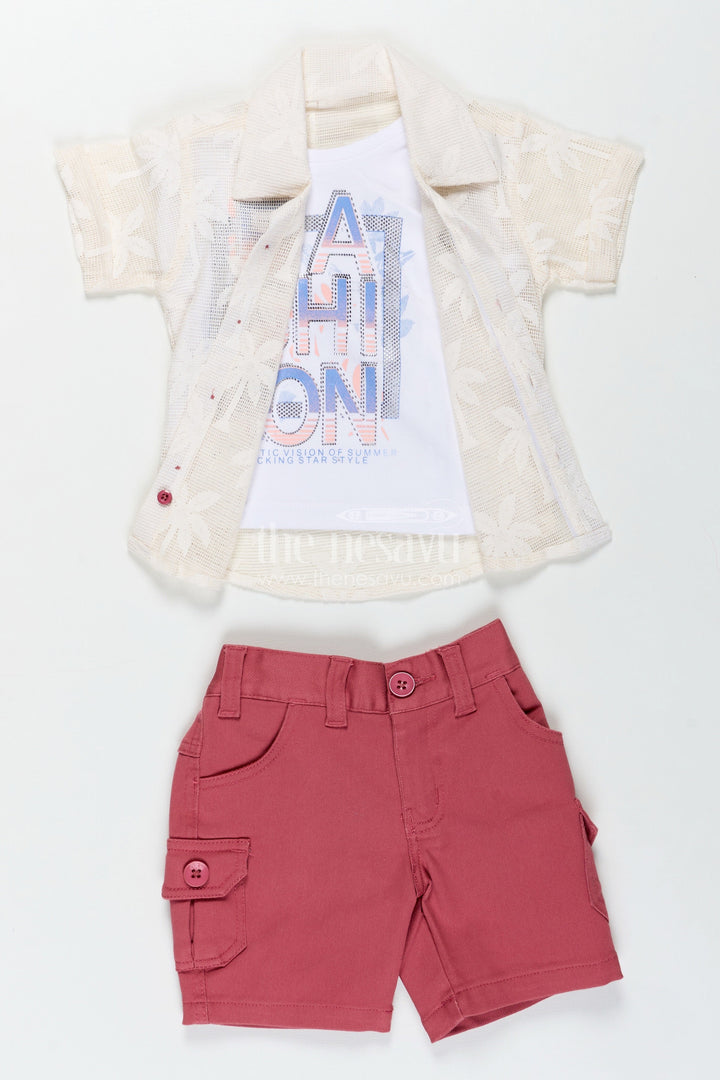 The Nesavu Boys Casual Set Boys Cotton Embroidered Shorts and T Shirt Set in Off White and Pink for Trendy Everyday Outfits Nesavu Nesavu Boys Casual Off White Shirt Graphic Tee Pink Shorts shorts t shirt set Combo