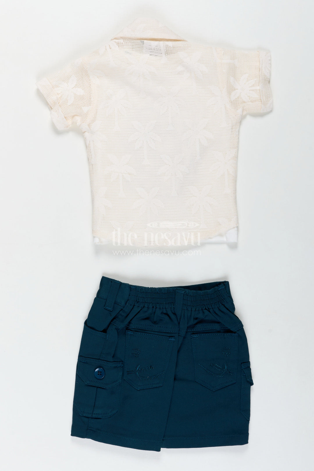 The Nesavu Boys Casual Set Boys Cotton Embroidery Set Short and Shirt in Classic Ivory and Teal for Comfortable Everyday Style Nesavu Nesavu Boys Cotton Embroidery Shirt Shorts Set Everyday Comfort Stylish Outings