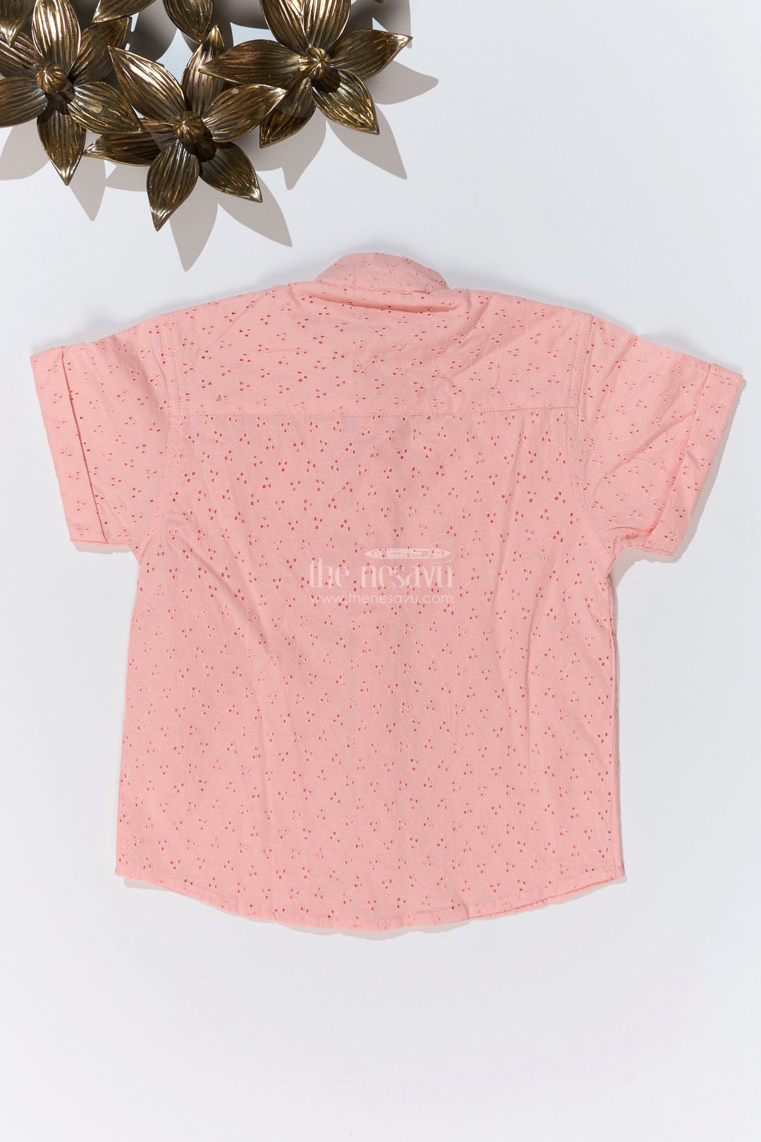The Nesavu Boys Cotton Shirt Boys Cotton Half Shirt with Hakoba Embroidery in Soft Peach for a Classic Look Nesavu Nesavu Boys Cotton Half Shirt Hakoba Embroidery Mandarin Collar Peach