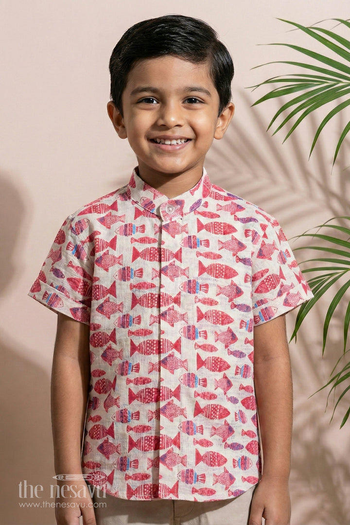 The Nesavu Boys Cotton Shirt Boys Cotton Half Sleeve Shirt with Fish Print in Vibrant Shades for Casual Comfort Nesavu Boys Cotton Half Sleeve Shirt Vibrant Fish Print Playful Style | The Nesavu