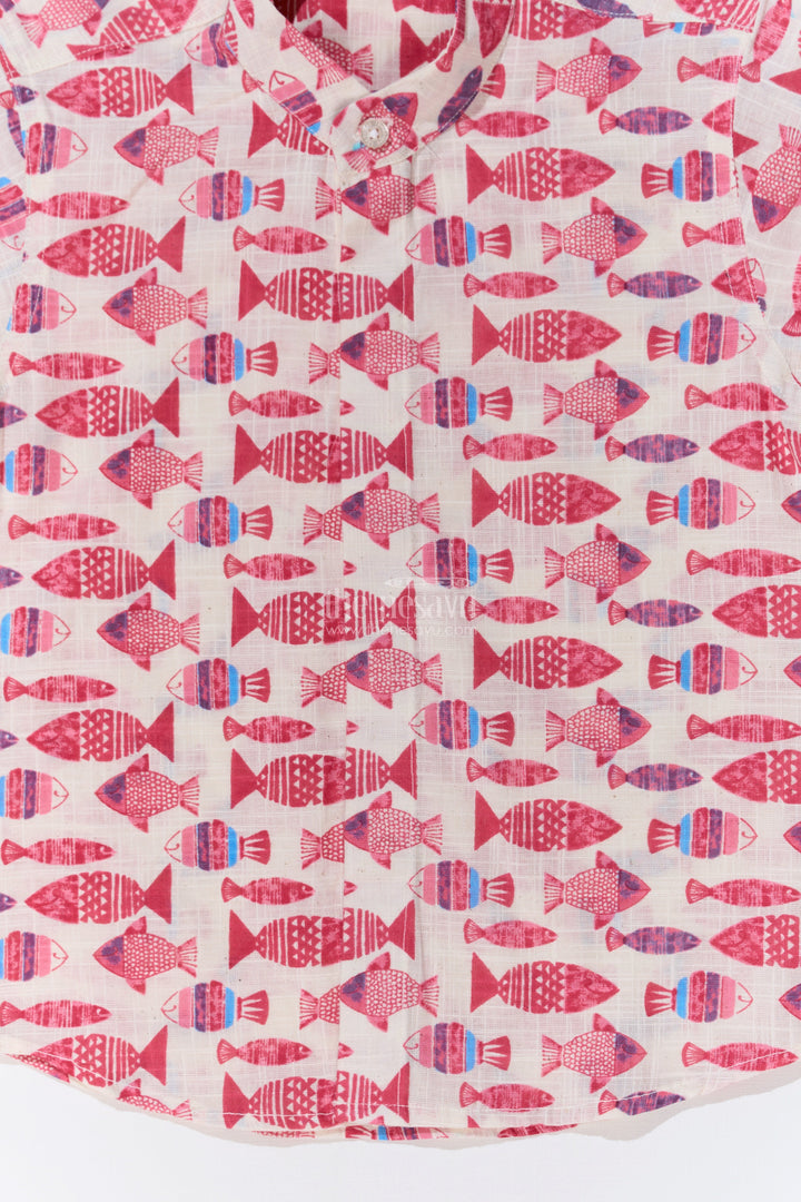The Nesavu Boys Cotton Shirt Boys Cotton Half Sleeve Shirt with Fish Print in Vibrant Shades for Casual Comfort Nesavu Nesavu Boys Cotton Half Sleeve Shirt Vibrant Fish Print Playful Style