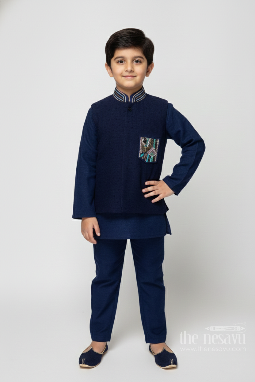 The Nesavu Boys Jacket Sets Boys Cotton Jacket Set for Festive Functions and Wedding Receptions Nesavu 18 (2Y) / Blue BES735B-18 Nesavu boys cotton jacket kurta set for festive functions and traditional ceremonies
