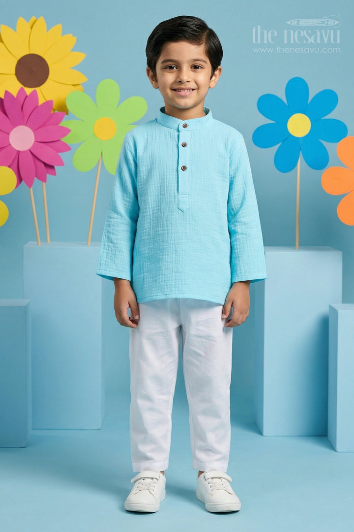 The Nesavu Boys Casual Set Boys Cotton Kurta Set for Casual Outings and Festive Wear Nesavu 12 (3M) / Blue / Muslin Cotton BCS575C-12 Nesavu boys muslin cotton kurta set for casual outings and festive family gatherings