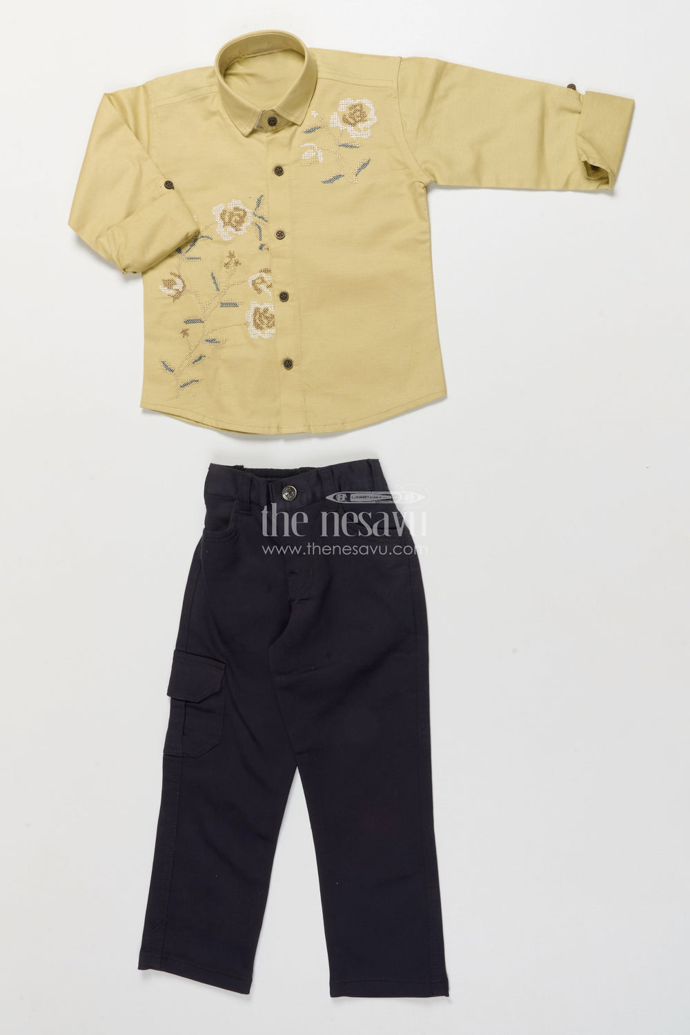 The Nesavu Boys Casual Set Boys Cotton Kurta Set for Ethnic Day and Festive Celebrations Nesavu 20 (3Y) / Yellow BCS496C-20 Nesavu boys ethnic cotton kurta set thread embroidery festive school wear