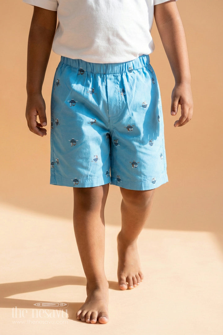 The Nesavu Boys Shorts Boys Cotton Light Blue Shorts with Mini Robot Print and Soft Fit for Casual Everyday Style Nesavu 18 (2Y) / Blue BWS036A-18 Nesavu Boys Light Blue Cotton Shorts Robot Print Comfortable Fit Casual Wear