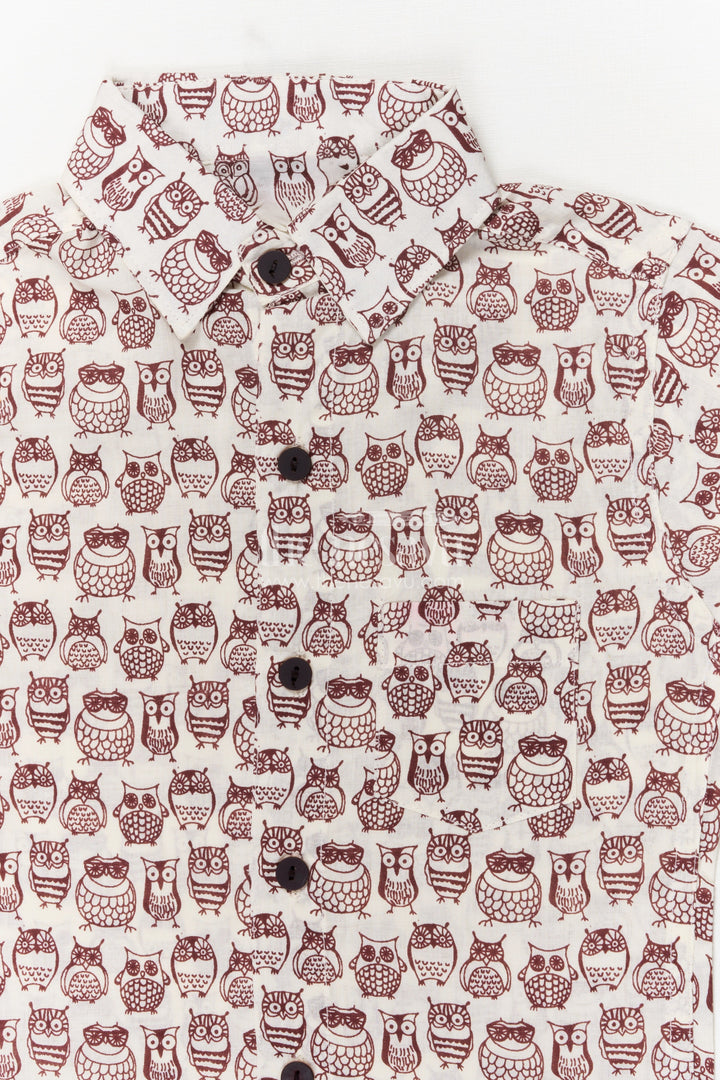 The Nesavu Boys Cotton Shirt Boys Cotton Owl Print Shirt for Quirky Casual Days Nesavu Nesavu boys cotton shirt with quirky owl print – breathable and playful everyday wear