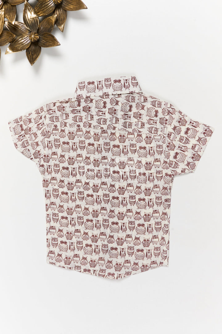 The Nesavu Boys Cotton Shirt Boys Cotton Owl Print Shirt for Quirky Casual Days Nesavu Nesavu boys cotton shirt with quirky owl print – breathable and playful everyday wear