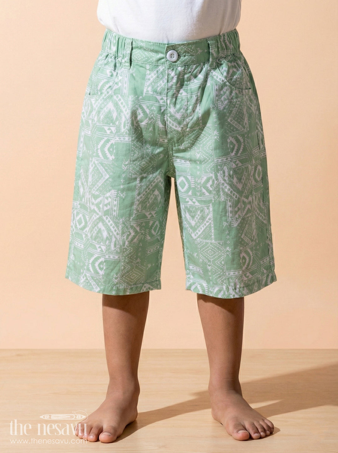 The Nesavu Boys Shorts Boys Cotton Print Short Dress Style Shorts with Paisley Digital Pattern and Comfortable Fit Nesavu 16 (1Y) / Green / Style 1 BWS022CA-16 Nesavu Boys Green Cotton Shorts Print Short Dress Style Paisley Pattern Elastic Waist
