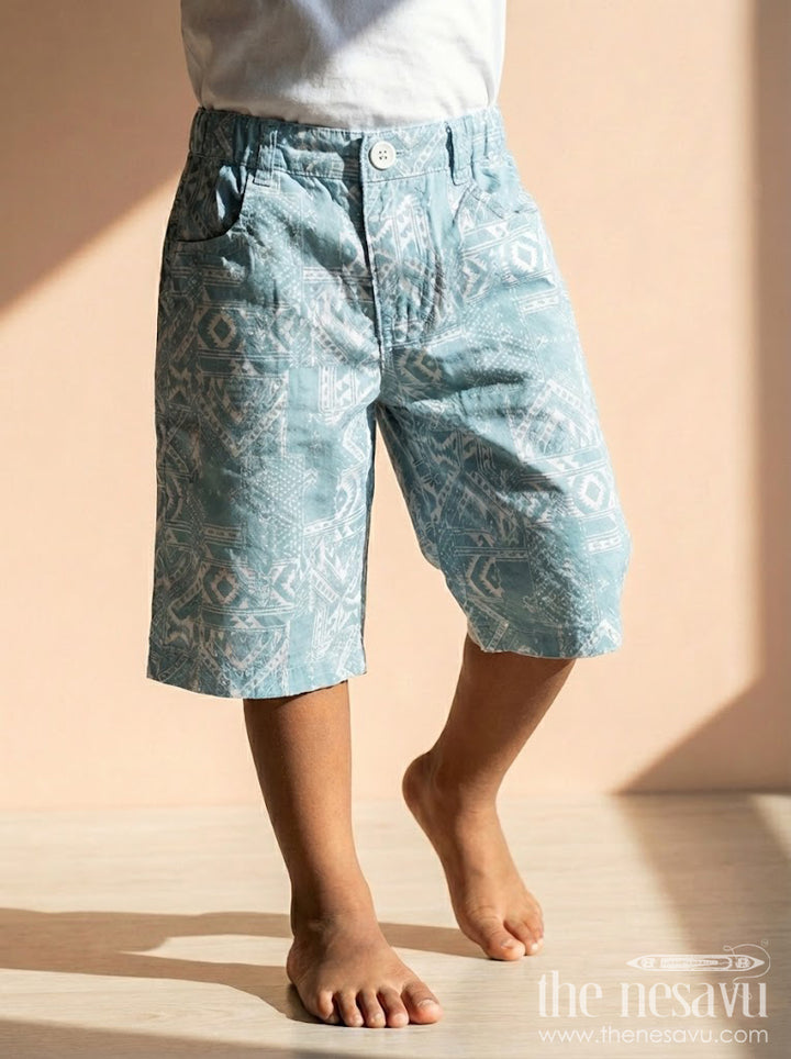 The Nesavu Boys Shorts Boys Cotton Print Shorts with Blue Paisley Digital Design and Soft Adjustable Waist Nesavu 16 (1Y) / Blue / Style 1 BWS022BA-16 Nesavu Boys Blue Cotton Print Shorts Paisley Design Adjustable Elastic Waist