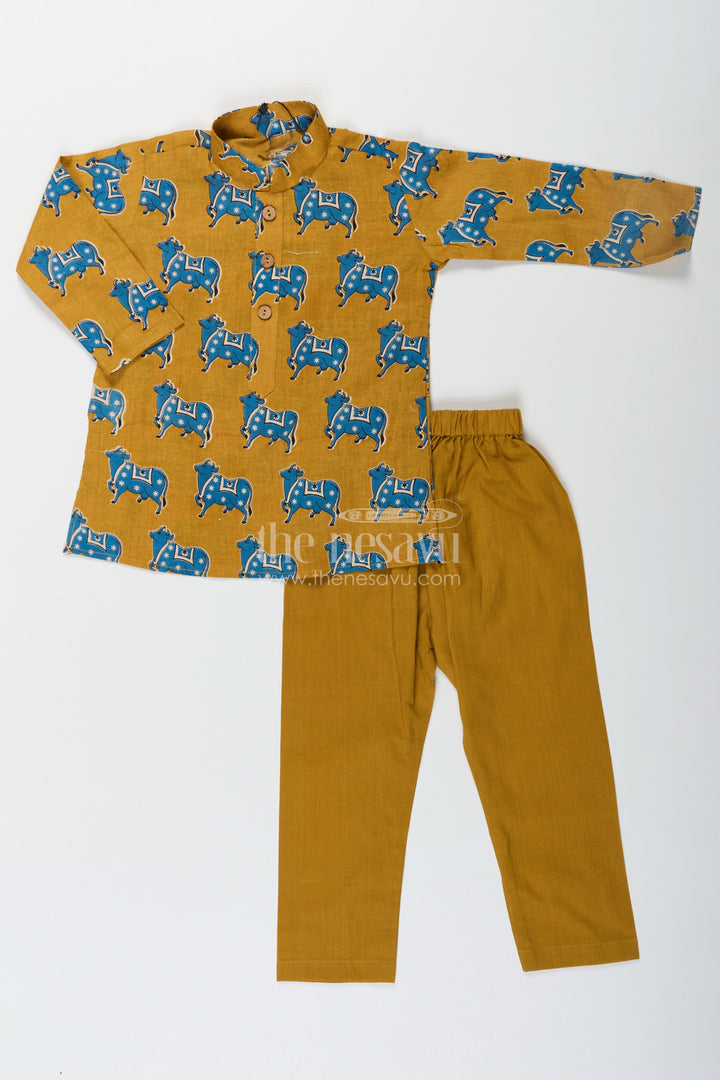 The Nesavu Boys Kurtha Set Boys Cotton Printed Kurta with Traditional Pichwai Motifs and Matching Pants in Mustard Nesavu 12 (3M) / Yellow BES660B-12 Nesavu Boys Cotton Printed Kurta Traditional Pichwai Motifs Matching Pants