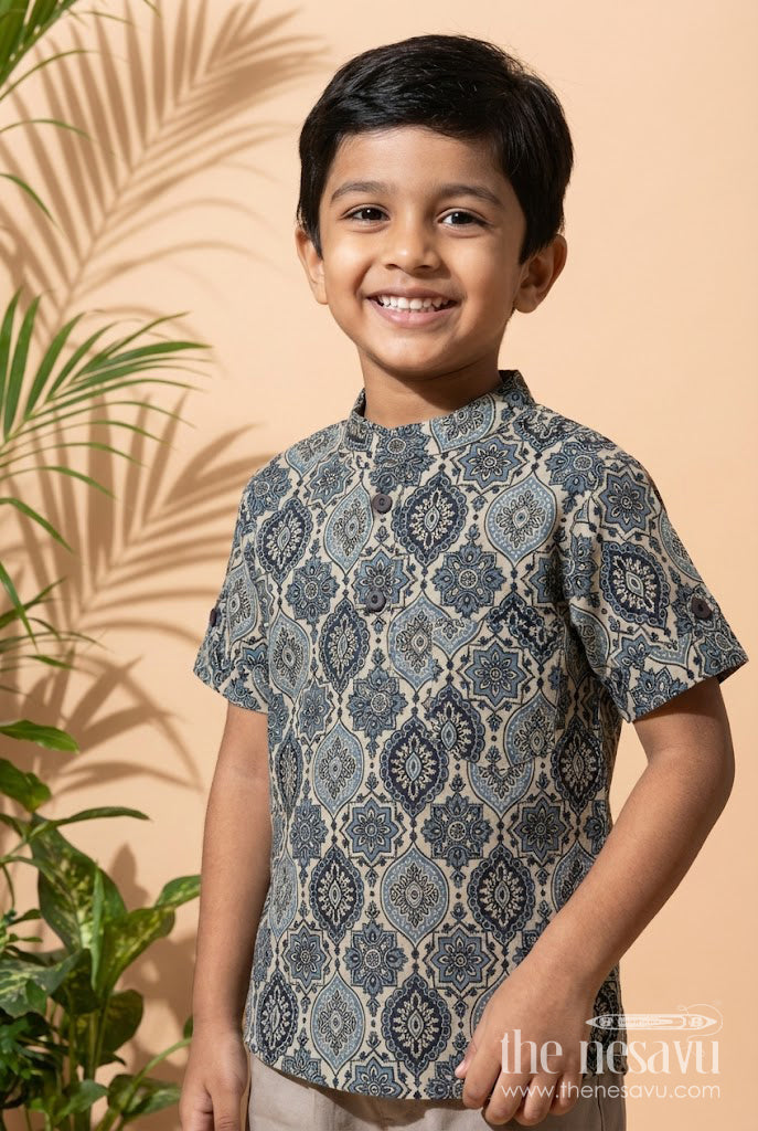 The Nesavu Boys Cotton Shirt Boys Cotton Printed Shirt for Casual Ethnic Day Looks Nesavu 20 (3Y) / Green BS380A-20 Nesavu boys cotton shirt with ethnic digital print – perfect for casual and festive wear