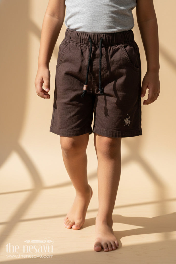 The Nesavu Boys Shorts Boys Cotton Printed Shorts in Charcoal Grey with Drawstring Waist in Printed Shorts Dress Style Nesavu 16 (1Y) / Gray BWS008H-16 Nesavu Boys Charcoal Cotton Shorts Embroidered Hem Drawstring Waist Printed Dress Style