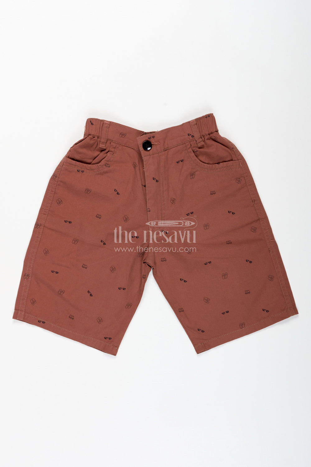 The Nesavu Boys Shorts Boys Cotton Printed Shorts in Soft Brown with Comfortable Fit and All Over Digital Prints Nesavu 26 (6Y) / Brown BWS019AB-26 Nesavu Boys Cotton Blend Printed Shorts Digital Patterns Brown Everyday Comfort