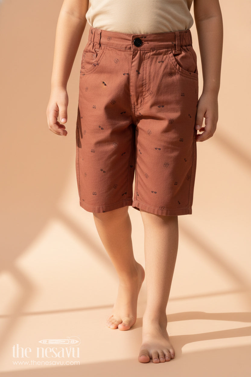 The Nesavu Boys Shorts Boys Cotton Printed Shorts in Soft Brown with Comfortable Fit and All Over Digital Prints Nesavu 26 (6Y) / Brown BWS019AB-26 Nesavu Boys Cotton Blend Printed Shorts Digital Patterns Brown Everyday Comfort