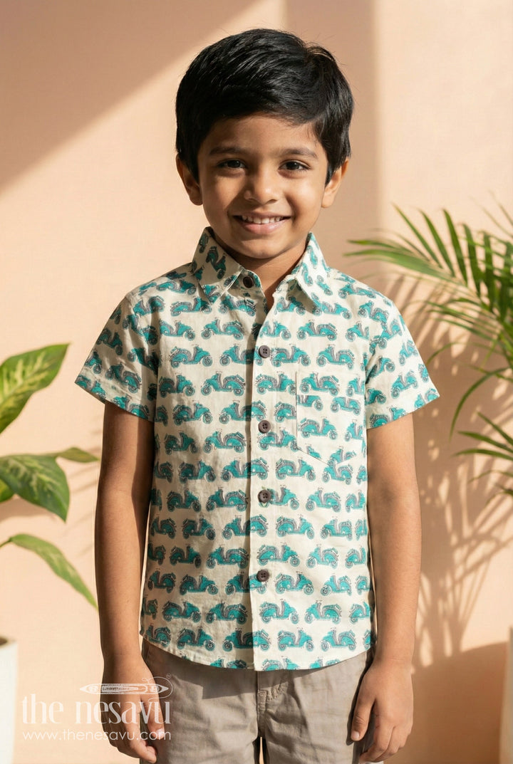 The Nesavu Boys Cotton Shirt Boys Cotton Scooter Print Shirt for Fun Casual Wear Nesavu 20 (3Y) / Green BS385A-20 Nesavu boys cotton shirt with scooter digital print – fun casual shirt for everyday dressing