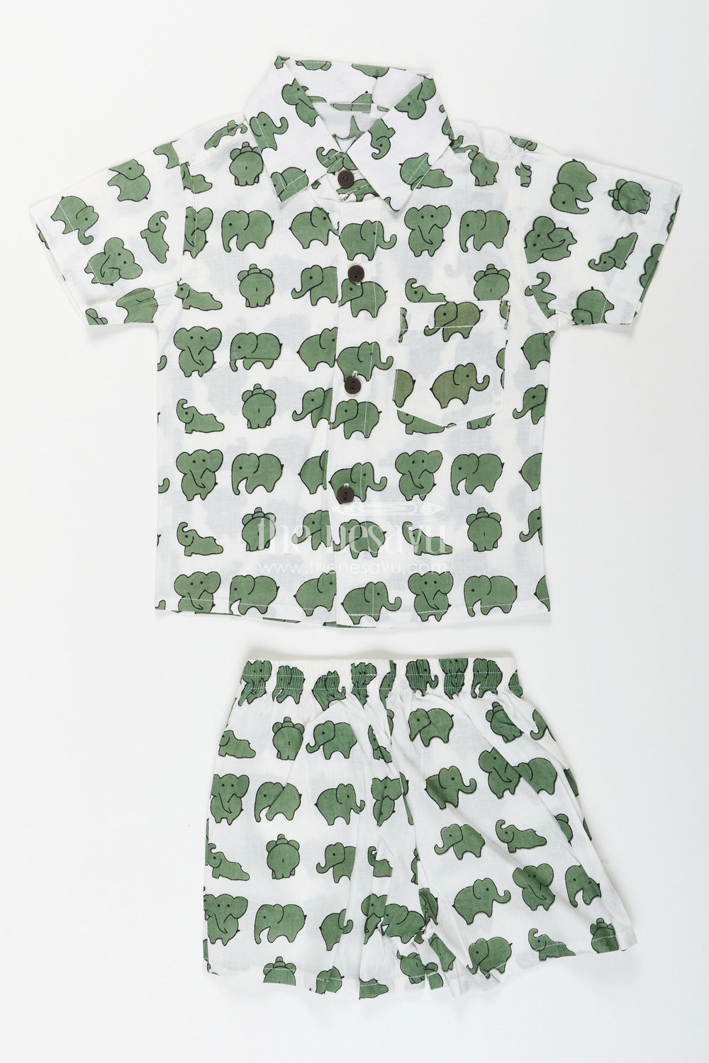 The Nesavu Boys cotton set with elephant print for everyday adventures Nesavu 16 (1Y) / Green BCS407B-16 Nesavu toddler boys elephant print co-ord set  cotton casual outfit daily comfort play