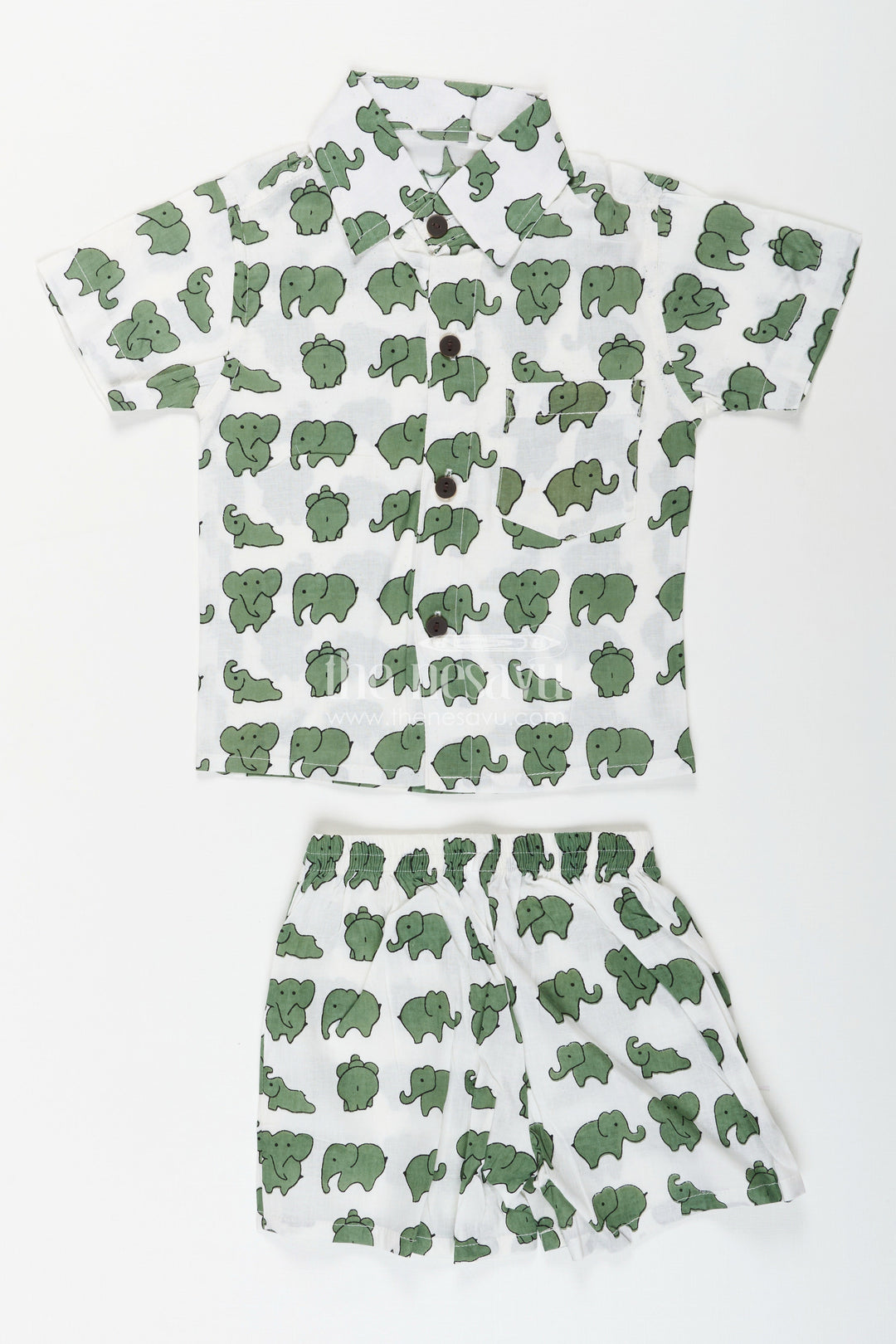 The Nesavu Boys cotton set with elephant print for everyday adventures Nesavu 16 (1Y) / Green BCS407B-16 Nesavu toddler boys elephant print co-ord set  cotton casual outfit daily comfort play