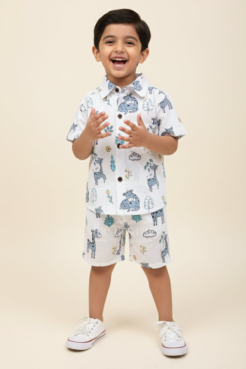 The Nesavu Boys Casual Set Boys Cotton Set with Giraffe and Jungle Animal Print Nesavu 16 (1Y) / Blue BCS409B-16 Nesavu boys cotton co-ord set giraffe jungle animal print  breathable summer outfit