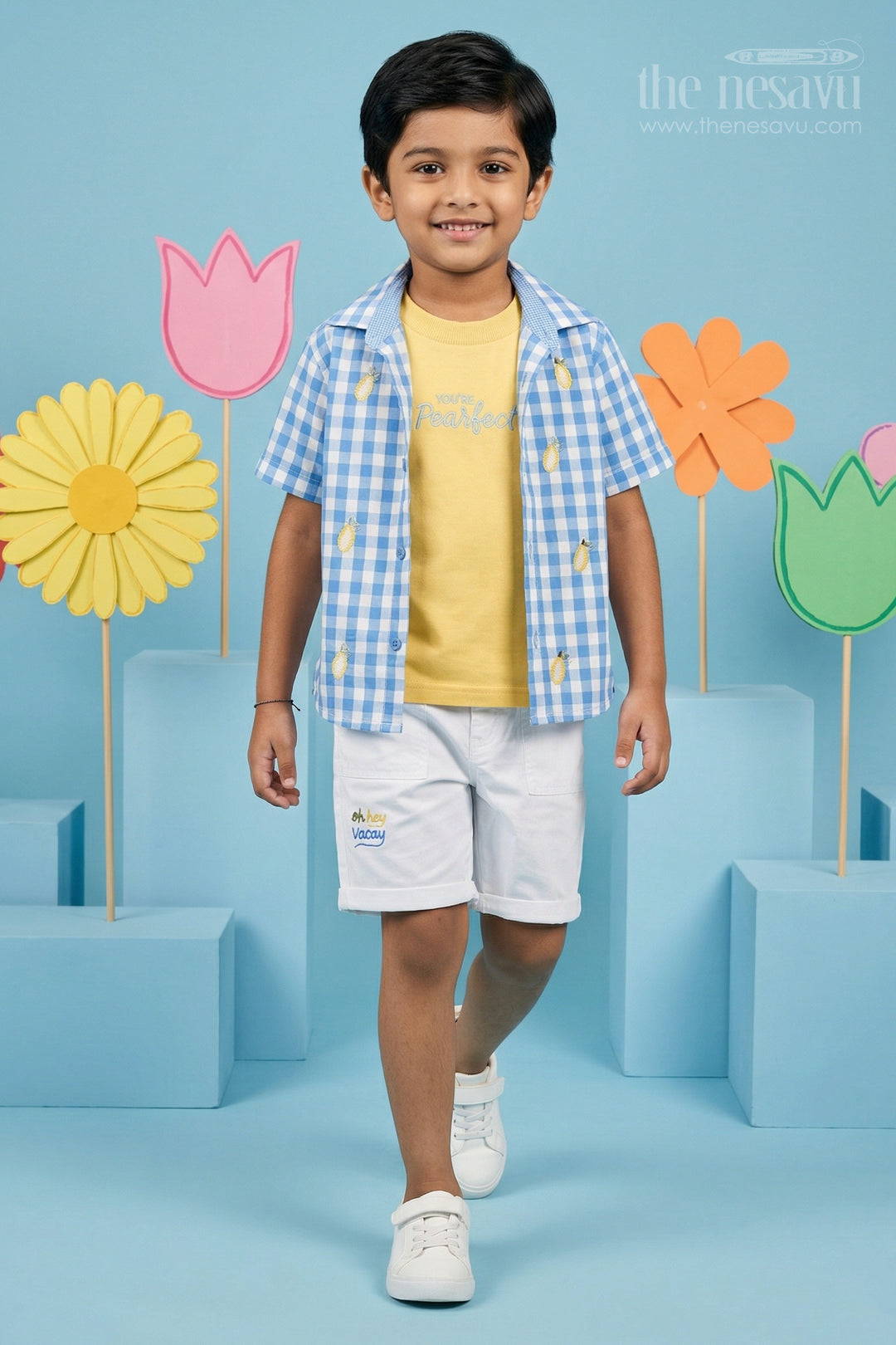 The Nesavu Boys Casual Set Boys Cotton Shirt and Shorts Set for Outings and Everyday Wear Nesavu 16 (1Y) / Blue / Cotton BCS583A-16 Nesavu boys cotton checked shirt and shorts set for outings and daily wear with breathable comfort fit