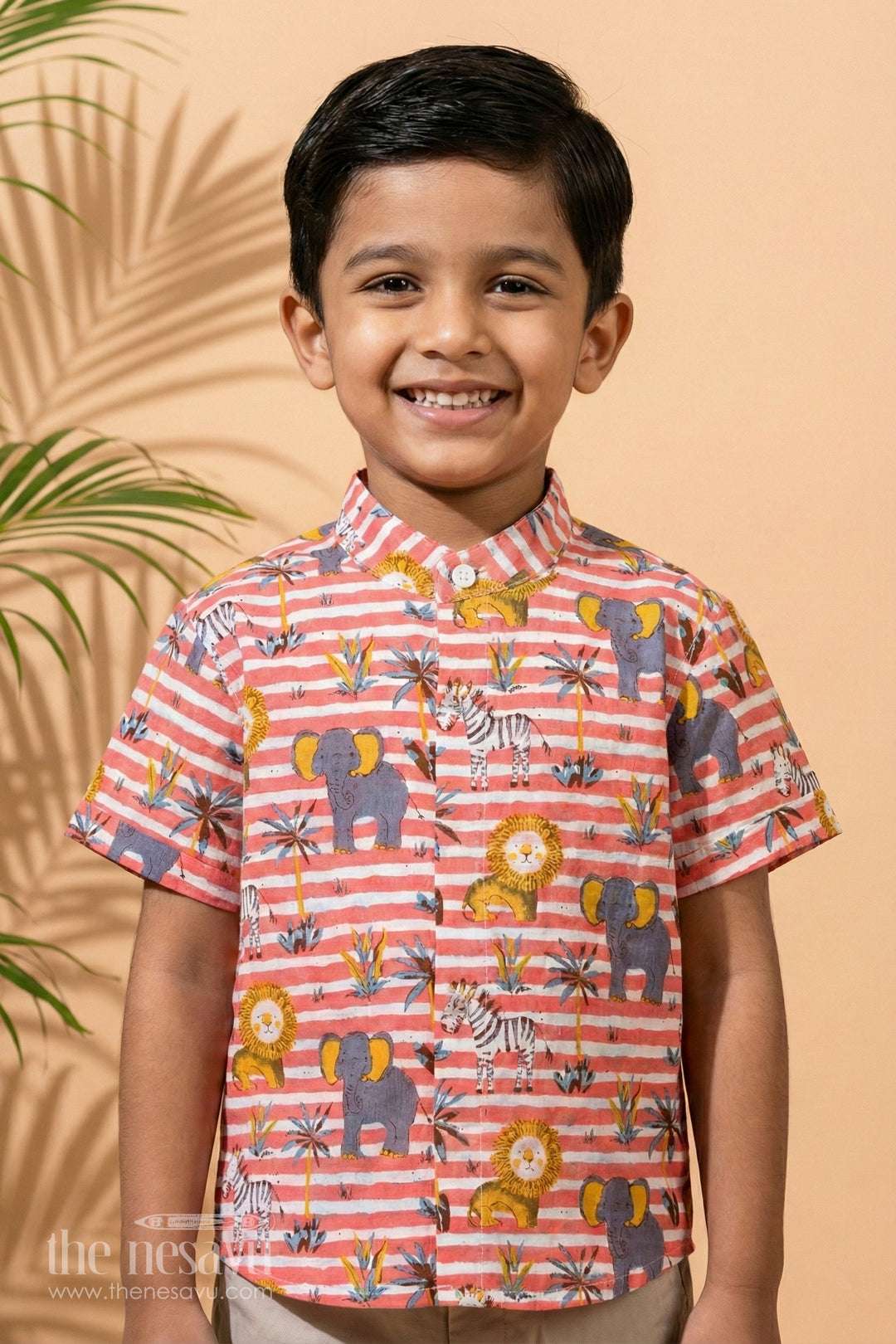 The Nesavu Boys Cotton Shirt Boys Cotton Shirt Dress in Cotton Block Print with Playful Safari Design Nesavu 16 (1Y) / Peach BS241D-16 Boys Cotton Shirt Dress Cotton Block Print Safari Animal Design | The Nesavu