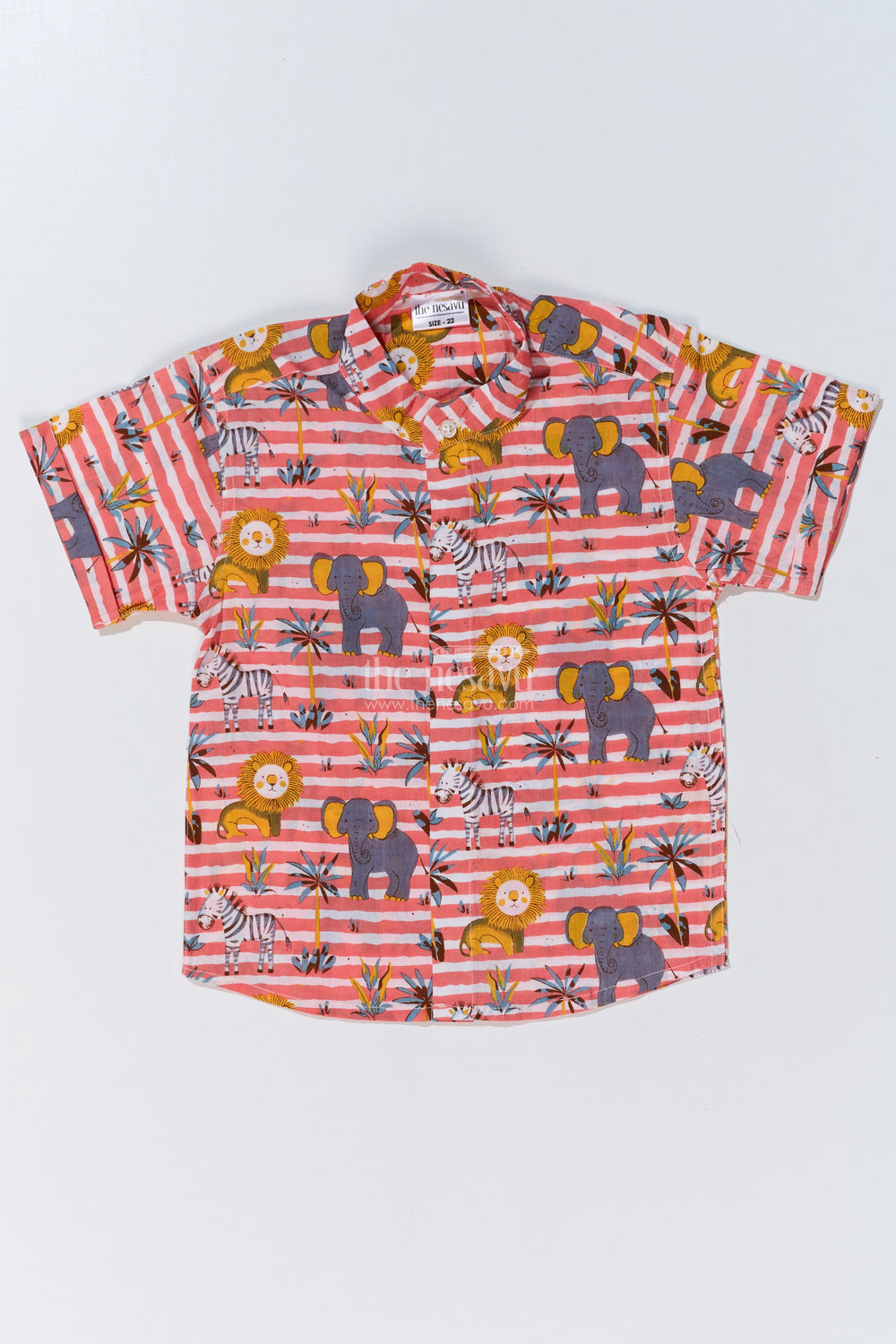 The Nesavu Boys Cotton Shirt Boys Cotton Shirt Dress in Cotton Block Print with Playful Safari Design Nesavu 16 (1Y) / Peach BS241D-16 Nesavu Boys Cotton Shirt Dress Cotton Block Print Safari Animal Design