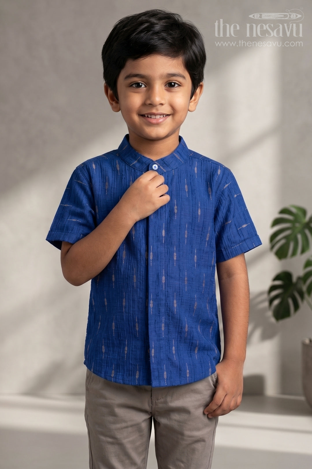 The Nesavu Boys Cotton Shirt Boys Cotton Shirt for Birthday Outings and Smart Casual Occasions Nesavu 16 (1Y) / Blue / Chanderi BS505B-16 Nesavu Boys Chanderi Cotton Shirt With Jacquard Print For Birthdays And Casual Occasions