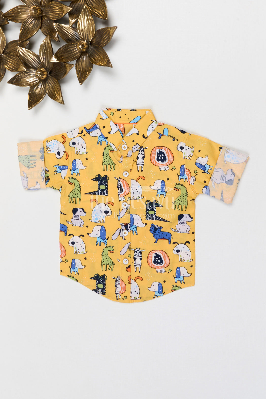The Nesavu Boys Cotton Shirt Boys Cotton Shirt for Casual Playtime and Everyday Wear Nesavu 14 (6M) / Yellow / Cotton BS425B-14 Nesavu boys cotton shirt with animal digital print playful casual outfit for kids