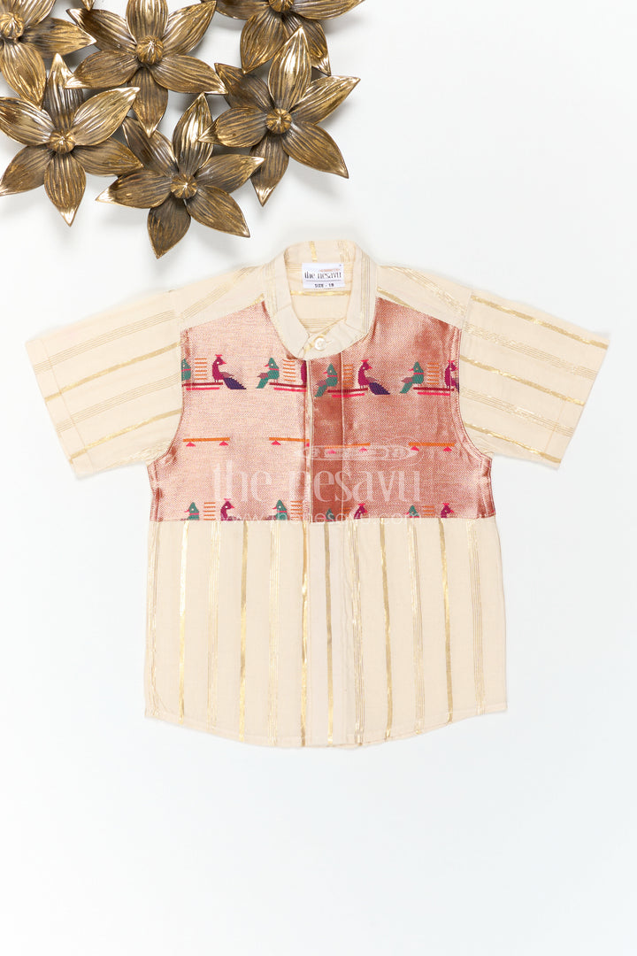 The Nesavu Boys Cotton Shirt Boys Cotton Shirt for Ethnic Day Celebrations and Festive Gatherings Nesavu Nesavu Boys Cotton Shirt With Paithani Border Yoke For Ethnic Day And Festive Occasions