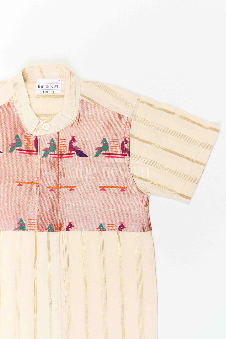The Nesavu Boys Cotton Shirt Boys Cotton Shirt for Ethnic Day Celebrations and Festive Gatherings Nesavu Nesavu Boys Cotton Shirt With Paithani Border Yoke For Ethnic Day And Festive Occasions