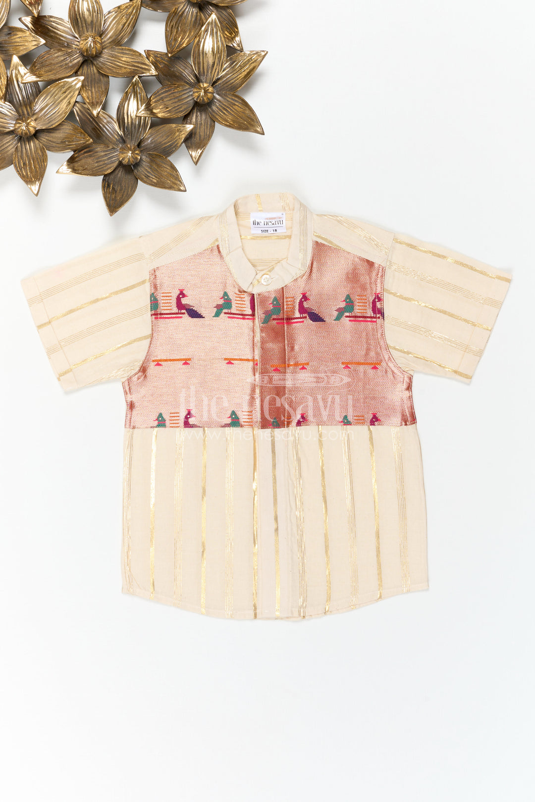 The Nesavu Boys Cotton Shirt Boys Cotton Shirt for Ethnic Day Celebrations and Festive Gatherings Nesavu Nesavu Boys Cotton Shirt With Paithani Border Yoke For Ethnic Day And Festive Occasions