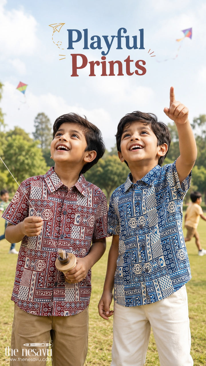 The Nesavu Boys Cotton Shirt Boys Cotton Shirt for Festive Casual Wear and Family Outings Nesavu Nesavu Boys Cotton Shirt With Patchwork Digital Print For Festive And Casual Celebrations