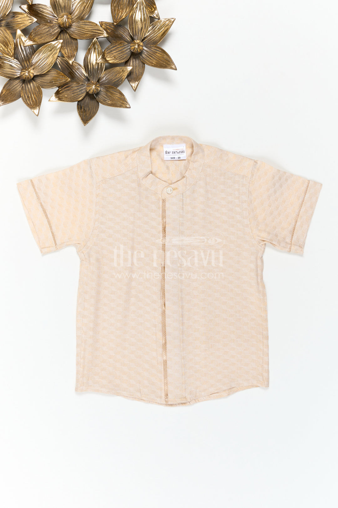 The Nesavu Boys Cotton Shirt Boys Cotton Shirt for Festive Family Visits Nesavu 16 (1Y) / Gold / Cotton BS512A-16 Nesavu Boys Cotton Shirt For Festive Family Visits With Mandarin Collar And Textured Weave