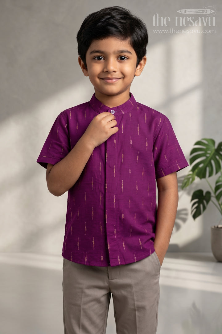 The Nesavu Boys Cotton Shirt Boys Cotton Shirt for Festive Outings and Everyday Ethnic Style Nesavu 16 (1Y) / Pink / Chanderi BS505A-16 Nesavu Boys Chanderi Cotton Shirt With Jacquard Print For Festive And Casual Occasions