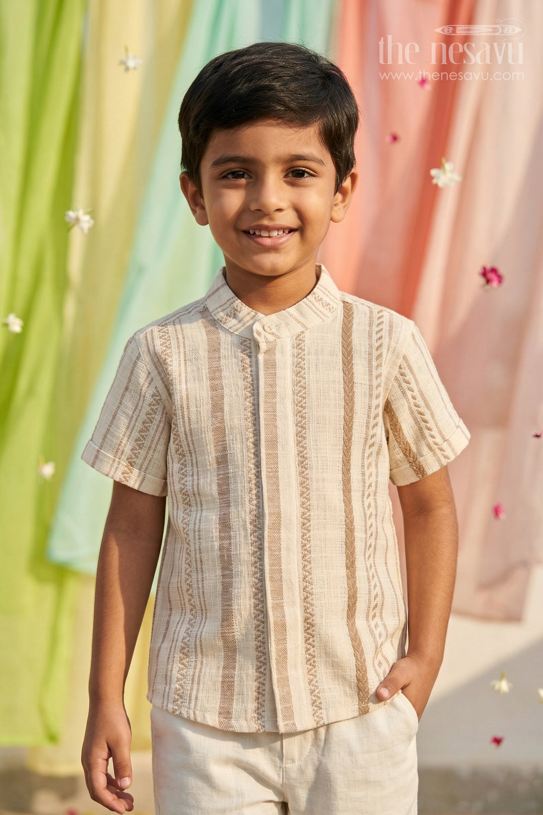 The Nesavu Boys Cotton Shirt Boys Cotton Shirt for Festive Wear and Special Occasional Event Nesavu 14 (6M) / Cream / Cotton BS461A-14 Nesavu Boys Cotton Jacquard Shirt For Festive Wear And Special Occasions With Breathable Textured Fabric