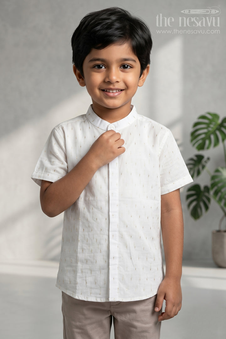 The Nesavu Boys Cotton Shirt Boys Cotton Shirt for Festive Wear and Special Occasions Nesavu 14 (6M) / White / Cotton BS453A-14 Nesavu Boys Cotton Shimmer Butti Shirt For Festive Wear And Special Occasions With Breathable Fabric