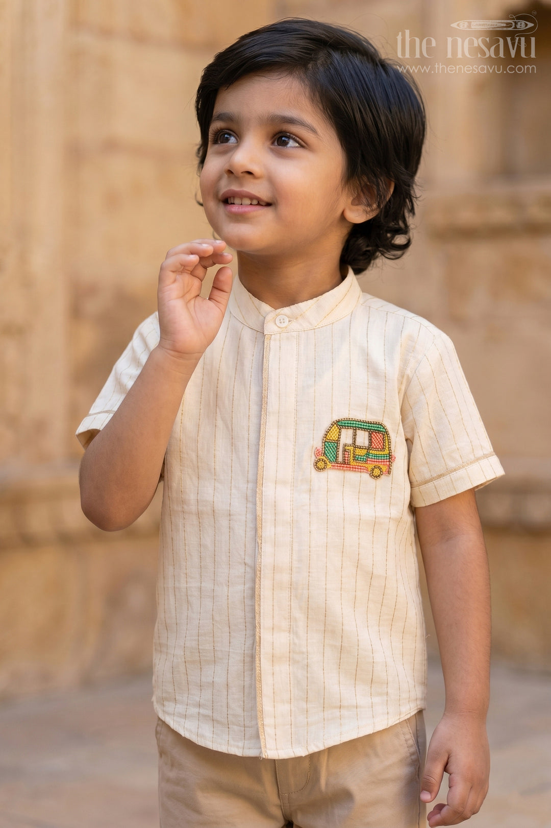 The Nesavu Boys Cotton Shirt Boys Cotton Shirt for School Celebration Day Nesavu 16 (1Y) / Gold / Cotton BS295B-16 Nesavu Boys Cotton Shirt For School Celebration Day With Mandarin Collar And Auto Applique BS295B-16