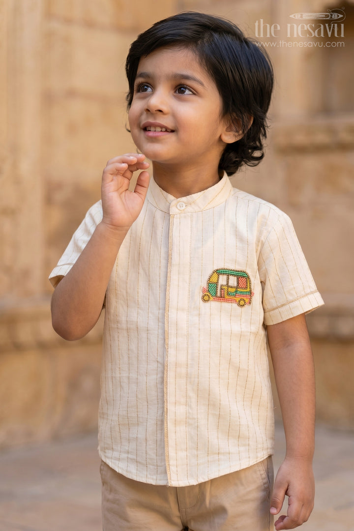 The Nesavu Boys Cotton Shirt Boys Cotton Shirt for School Celebration Day Nesavu 16 (1Y) / Gold / Cotton BS295B-16 Nesavu Boys Cotton Shirt For School Celebration Day With Mandarin Collar And Auto Applique BS295B-16