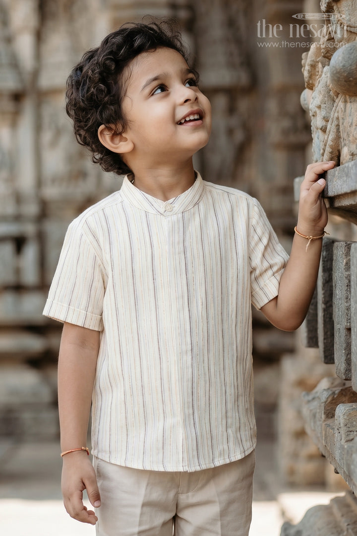The Nesavu Boys Cotton Shirt Boys Cotton Shirt for School Ethnic Day Nesavu 16 (1Y) / White / Cotton BS515A-16 Nesavu Boys Cotton Shirt For School Ethnic Day With Striped Design And Mandarin Collar BS515A-16