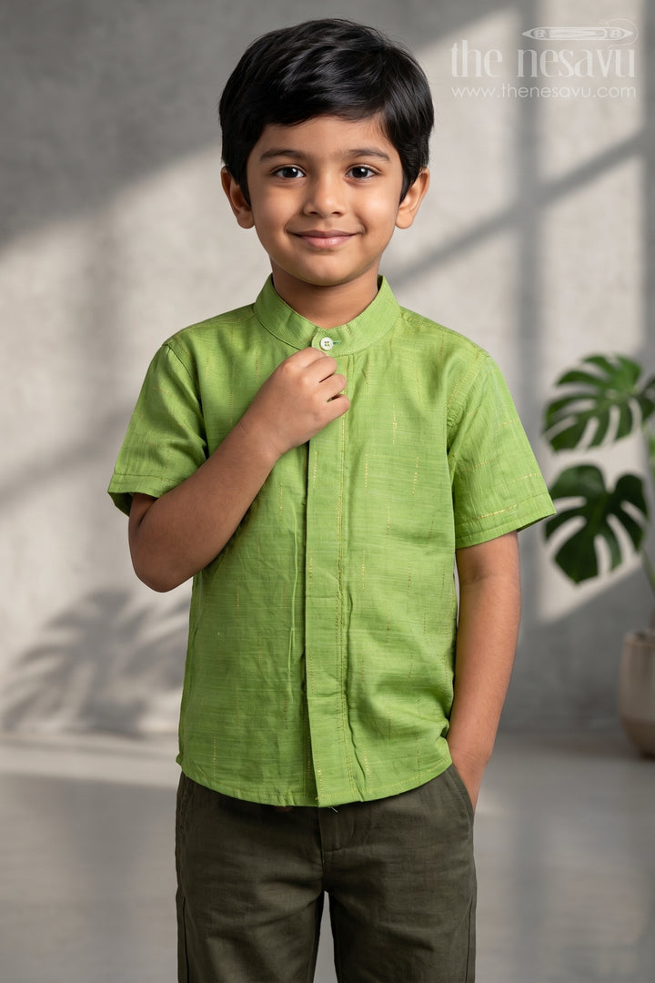 The Nesavu Boys Cotton Shirt Boys Cotton Shirt for School Events and Family Celebrations Nesavu 16 (1Y) / Green / Chanderi BS505C-16 Nesavu Boys Chanderi Cotton Shirt With Jacquard Print For School Events And Celebrations